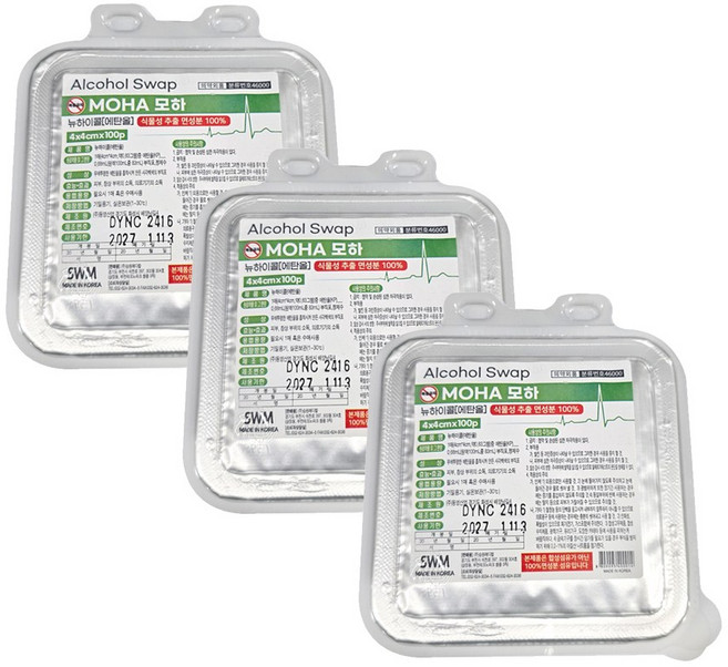 모하 알콜 스왑 100매 병원용 소독솜 알콜스왑 알콜솜, 3개