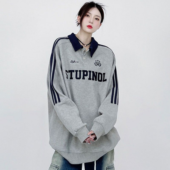 COSYEVNO 봄가을 여성 루즈핏 카라넥 스트라이프 맨투맨 티셔츠 BCXwy-5