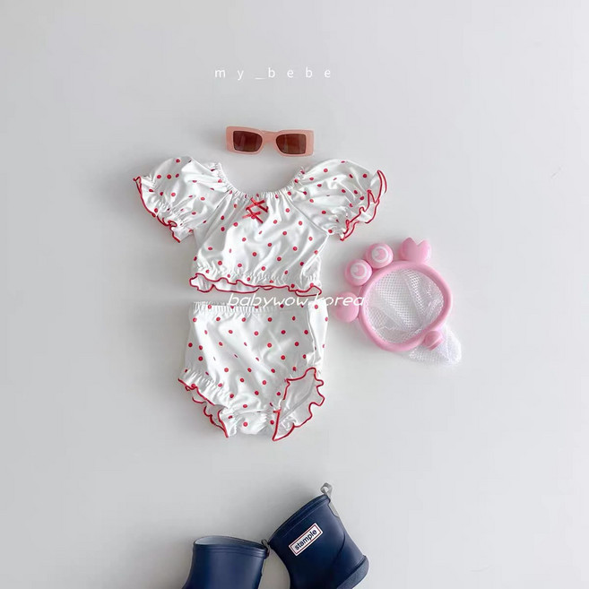 my_bebe 女童分體泳衣套裝 圓點印花泡泡袖泳裝含泳帽