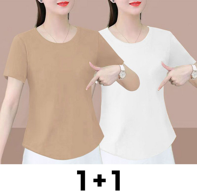 메인워크 1+1 중년 여성 라운드넥 반팔 티셔츠 여름용 엄마옷 냉장고 루즈핏 스타일리쉬 캐주얼 심플 아이스 풀오버 아우터 상의 2매입