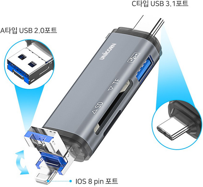 유니콘 OTG 멀티카드리더기 A타입 C타입 8핀 USB3.1포트지원 XC-3000M, 1개, 메탈