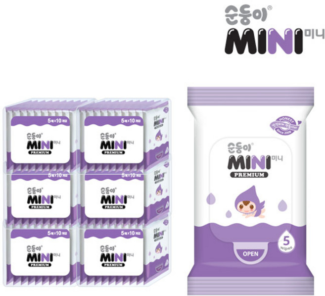순둥이 미니 프리미엄 아기물티슈 휴대형 유아물티슈, 65g, 5개입, 60개