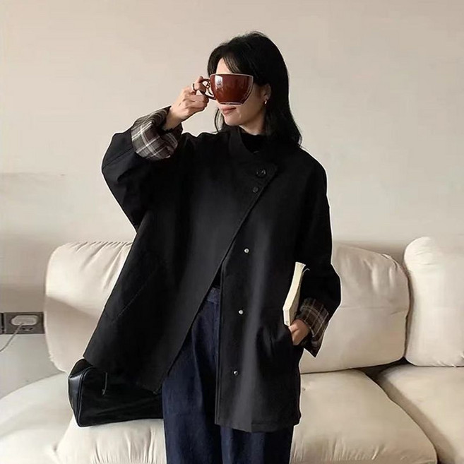 撞色格紋廓形風衣外套 秋季寬鬆顯瘦英倫風