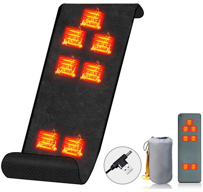 KLIFE 7구역 USB 발열매트 차박 캠핑 침대 거실 온열매트 3단 온도조절 휴대용 수납 파우치 포함, 블랙