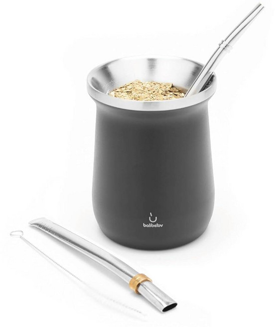스테인리스 스틸 Yerba Mate Gourd and Bombilla 세트 - 세척 및 유지 보수가 쉽습니다. (블랙), 블랙