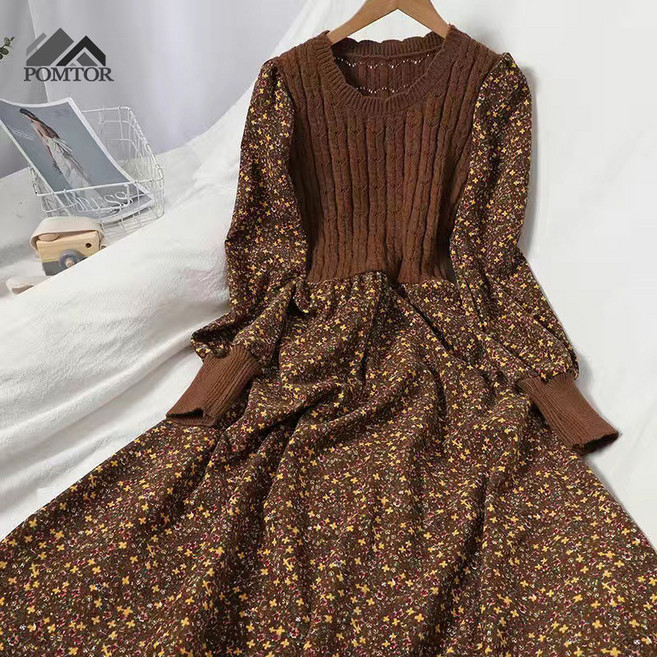 POMTOR 여성 가을겨울 플라워 니트 코르덴 원피스 라운드 오버핏 긴팔 원피스