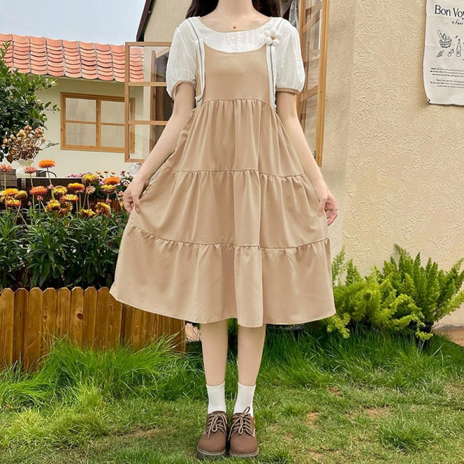 해피유통 소녀 여름 퍼프 소매 멜빵 플리츠 원피스디자인14세 이상