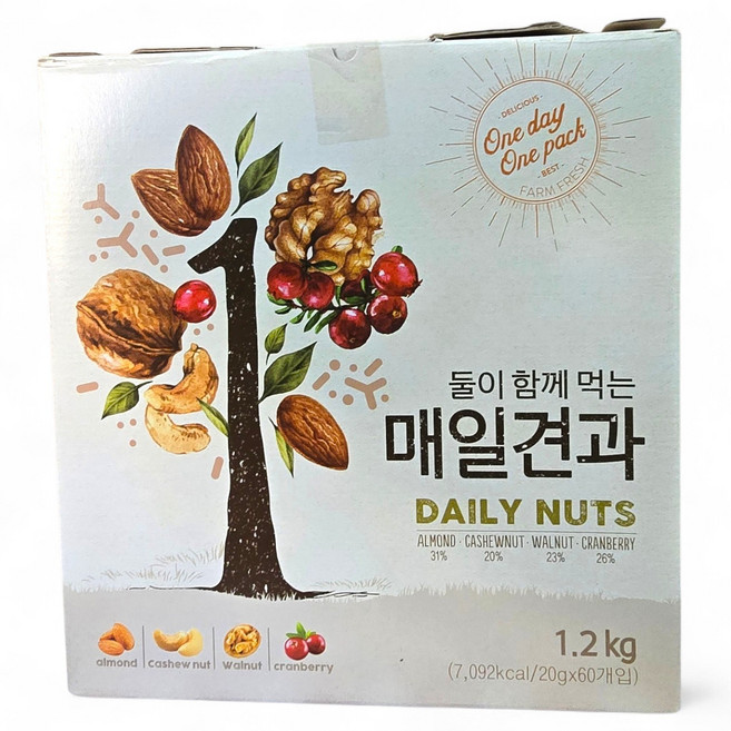 둘이 함께먹는 매일견과 믹스 아몬드 캐슈넛 호두 크랜베리 1.2kg, 60개