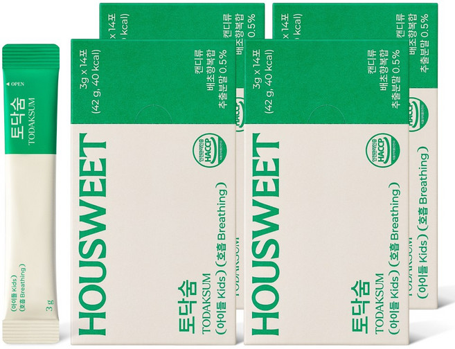 하우스윗 토닥숨 호흡 거친숨소리 케어 특허원료 NSB051 합성첨가물 5제로 배 사과 인삼 모과, 4박스, 42g