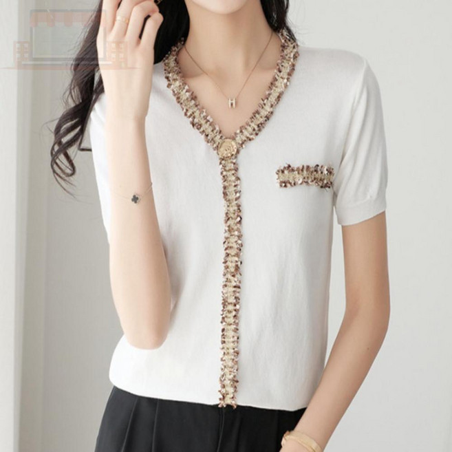 여성 여름 트위드 반팔 니트 하객룩 트위드블링버튼니트