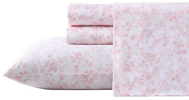 Laura Ashley Home 새틴 컬렉션 시트 세트 100% 면 주름 방지 원단 퀸 미도우 플로럴 블루