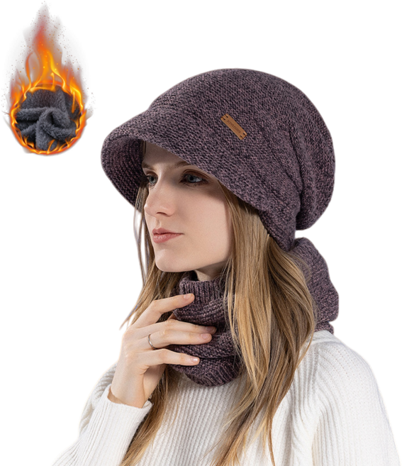 COMIRST 여성 겨울 니트 기모 캡모자 넥워머 세트