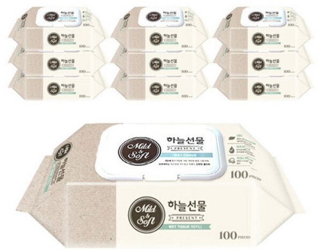 배송 하늘선물 물티슈 100매 캡형X10팩, 10개