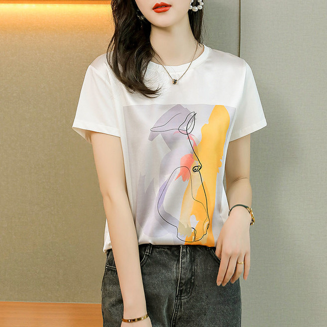 여름 새로운 패션 화이트 실크 반팔 티셔츠 느슨한 뽕나무 실크 탑 셔츠 반소매