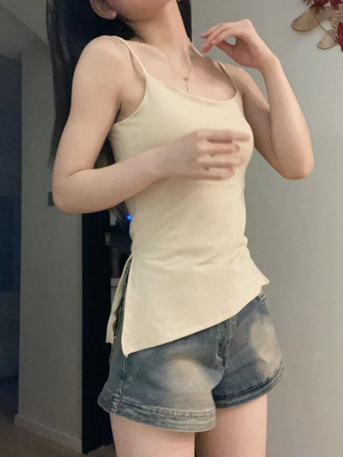 韓系復古港風不規則斜開叉純色吊帶背心內搭上衣女