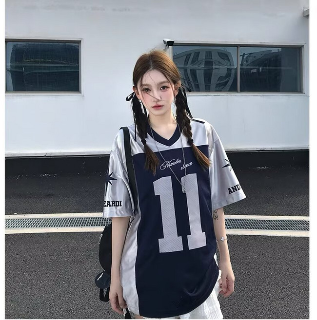 패션 y2k 브이넥 야구반팔 야구유니폼 럭비티셔츠 오버핏 새틴 원단 스포츠 반팔 티셔츠 반팔티 11번 유니폼(스트릿패션 여름에 멋지고 시원한 코디 필수)