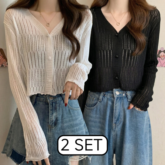 엘로스 1+1 여성 봄 가디건 브이넥 세미크롭 시스루 긴팔 2종 세트