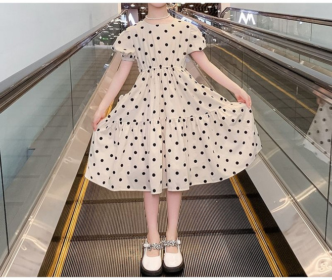 Toruva어린이 여름 도트 퍼프소매 원피스 귀여운 A라인 원피스14세 이상