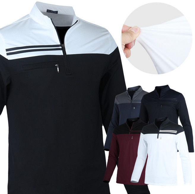 (국내원단) 고탄력 스판 투라인 포인트 남자 반집업 긴팔 골프 티셔츠 남성 골프웨어