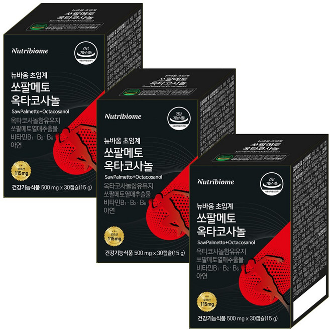 뉴트리바이옴 논스톱 초임계 쏘팔메토115mg + 옥타코사놀 남성영양제 지구력 쏘팔 소팔 전립선 코사놀 영양제 로르산함유 남성활력 식약처인증, 3개, 30정