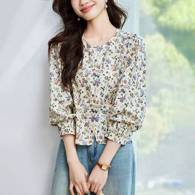 POMTOR 여성 면 플라워 프린트 긴팔 블라우스 캐주얼 라운드넥 맨투맨 긴팔티