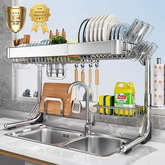 쟈오시 304 스텐 기둥식 식기건조대 확장형 폭조절 가능 무타공 싱크 선반, 1개, 올인원 모듈, 1단
