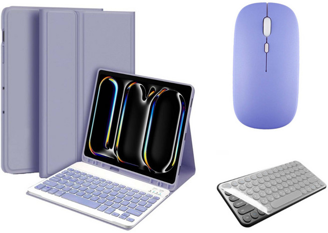 아이패드 호환 에어 프로 미니 1/2/3/4/5/6/7/8/9/10 세대 M2 M4 펜슬 수납 블루투스 키보드 케이스 무선 마우스 세트 iPad Pro Air Mini 케이스나라, 라벤더