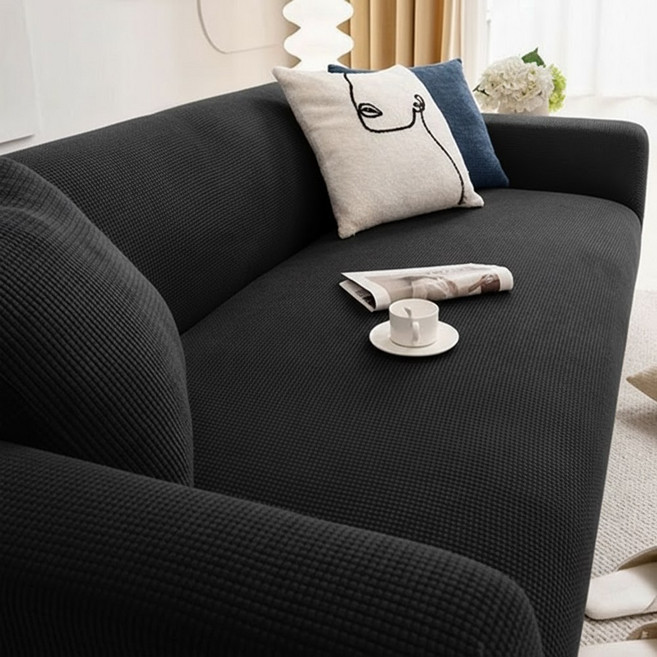 커버무드 먼지없는 고탄력 와플 소파커버 + 자체제작 고정 스펀지, 블랙, 1개