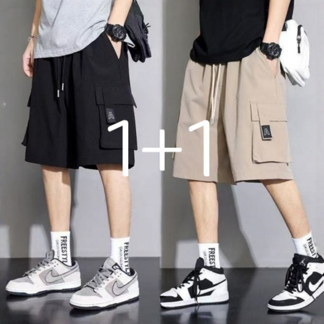 1+1 남자 카고 반바지 스포츠 빅사이즈 캐주얼 5부 바지 트레이닝 반바지