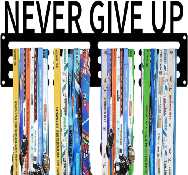 에이투원 스포츠 마라톤 메달 걸이 거치대, 1개, 블랙(NEVER GIVE UP)