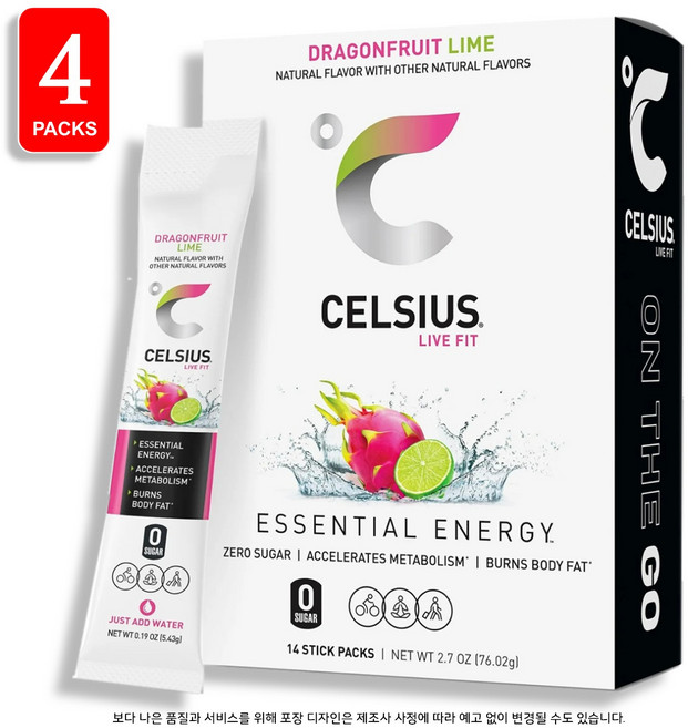 Celsius 셀시어스 온더고 에너지 파우더 무설탕 드래곤푸르트 라임 14스틱, 76.02g, 4개