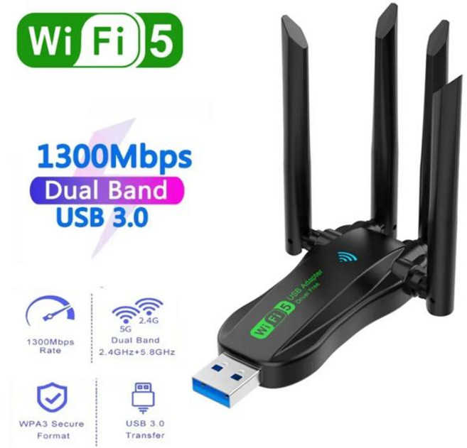 1300Mbps USB3.0 WiFi 어댑터 WiFi 5 이더넷 네트워크 카드 듀얼 밴드 5G 2.4G USB 동글 PC 노트북 수신기 AC1300, 02 1300Mbps style 4, 01 CHINA