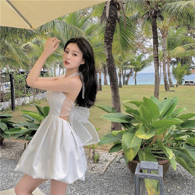 韓版時尚修身顯瘦網紗蝴蝶結掛脖連衣裙 夏季新款女裝背心裙, 白色,2XL, 白色
