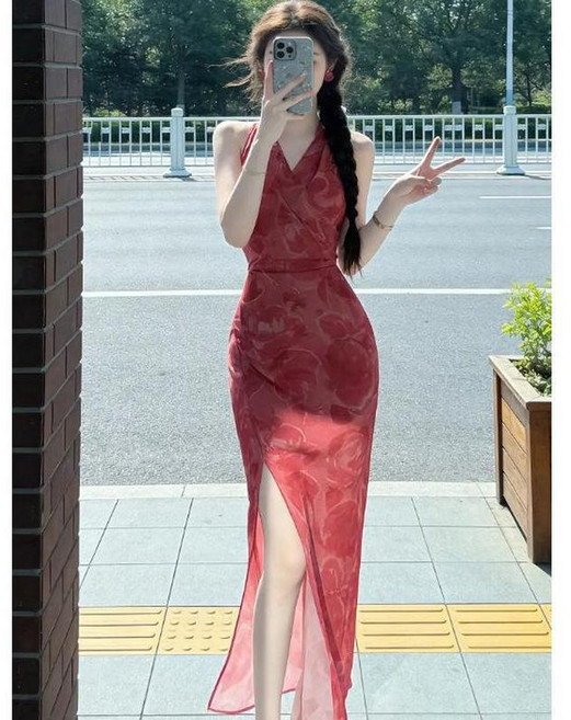 法式氣質無袖掛脖交叉繫帶連衣裙 夏季性感掐腰海邊度假長裙, 圖片色