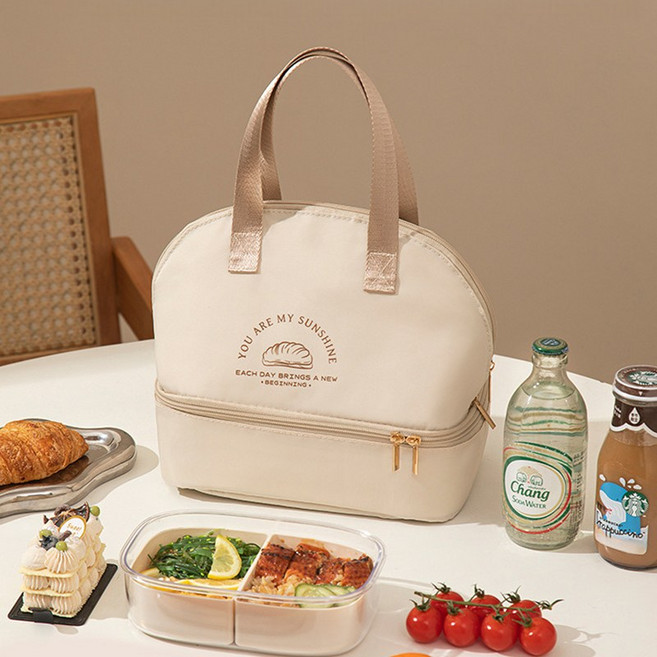 쬬린 2단 상하분리 보온 도시락 파우치, 모카 브라운, 1개