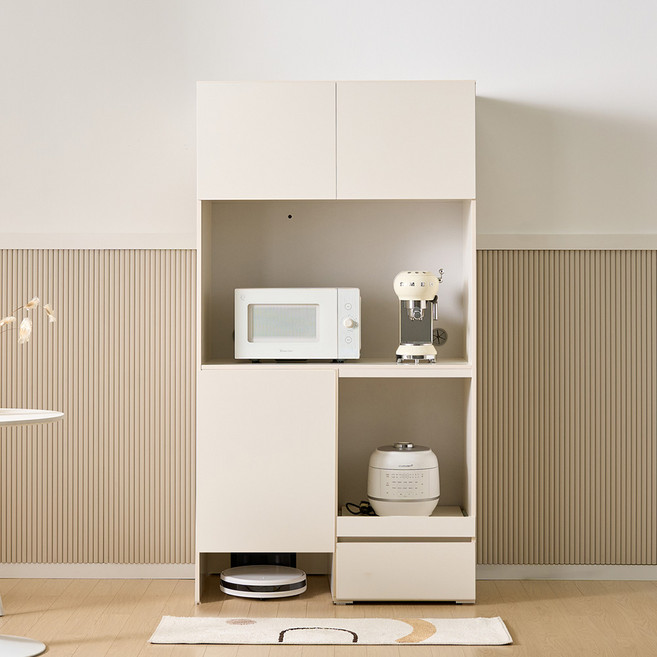 가이온 크렘 광폭 주방수납장 렌지대 광파오븐수납 틈새장 빌트인 냉장고옆 수납장, 크렘 로봇청소기 수납 주방수납장/크림