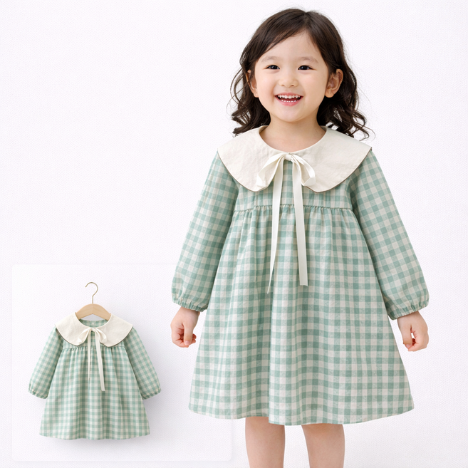 유아 여아 체크 원피스 빅카라 리본 긴팔 봄 가을 원피스