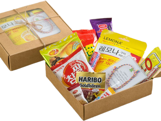 슬기마트 학교 학원 수능 국가고시 시험 행운가득 소원 팔찌 투명창 크라프트 간식 꾸러미 회사 단체 행사 선물세트 답례품 라벨 부착, 1세트, 투명창상자+소원팔찌+10종간식