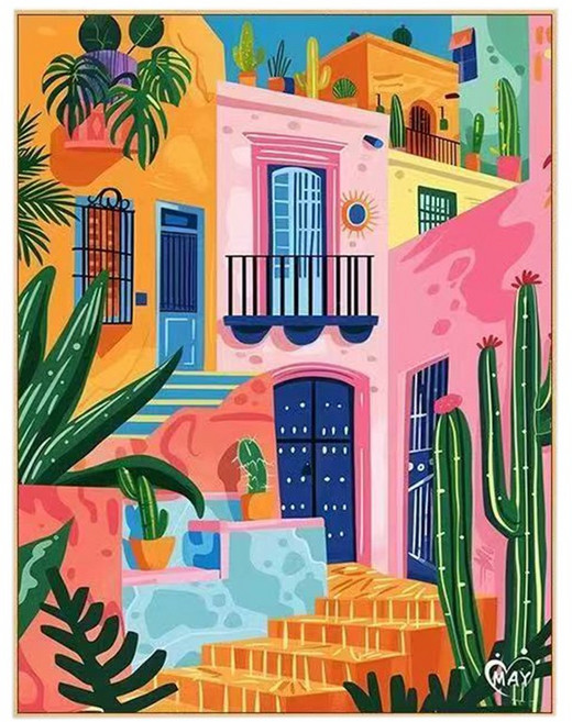 luntim DIY 명화그리기 유화 그림 그리기 선물 아크릴화 30x40 밝은 색 힐링 풍경화, 칵투스 하우스, 1개