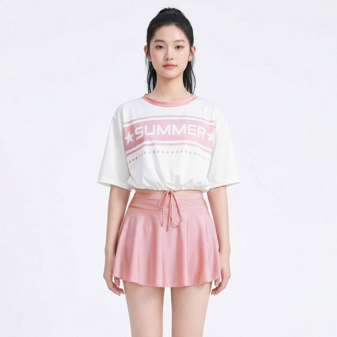 지디오 주니어 여아 수영복 쓰리피스 세트 크롭 나시티 커버업 반팔티 일체형 속바지 스커트 여름 스윔웨어, 핑크