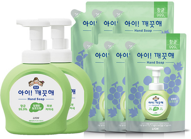 [LION] 아이깨끗해 490m용기lx2개+450mlx6개, 상세 설명 참조, 제품선택:490ml용기x2개+450ml리필x6개(청포도), 2개