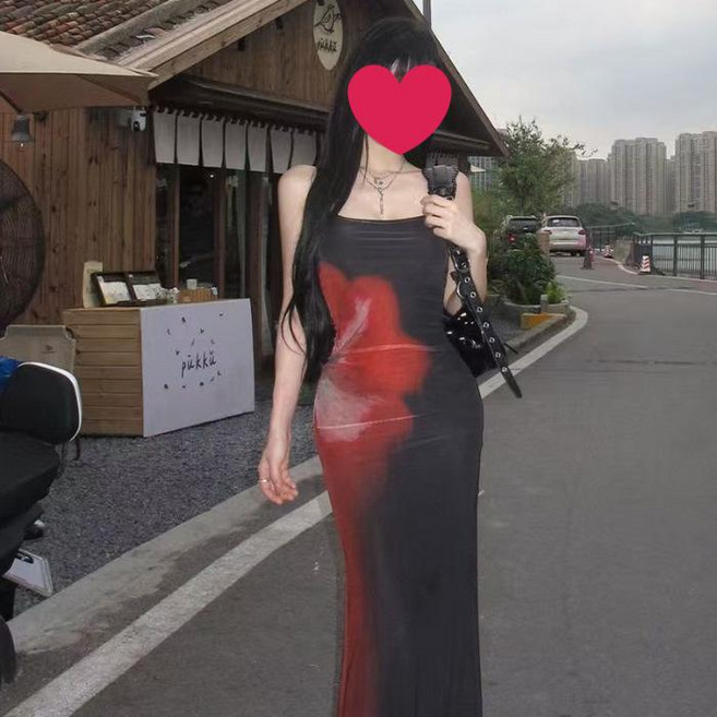 dala 黑色扎染印花吊帶連衣裙, 长款【6631#】