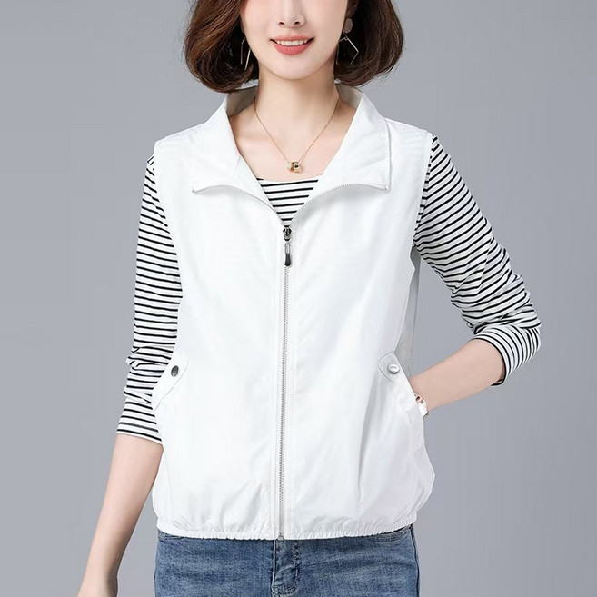 POMTOR 봄가을 중년여성 루즈핏 숏 조끼 캐주얼 민소매 바람막이 베스 빅사이즈 엄마옷