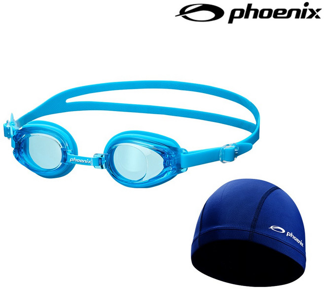피닉스 아동 노미러 수경 PN-509J + 스판 수영모 SET, 아쿠아, 네이비, 1개