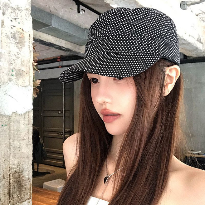 復古波點平頂鴨舌帽女春夏薄款百搭棒球帽, 1個, 黑色波點均碼（55-59cm）
