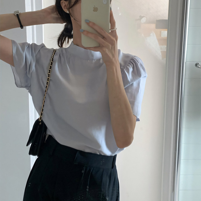 쪼예 투웨이 리본 타이 쉬폰 어깨퍼프 반팔 블라우스
