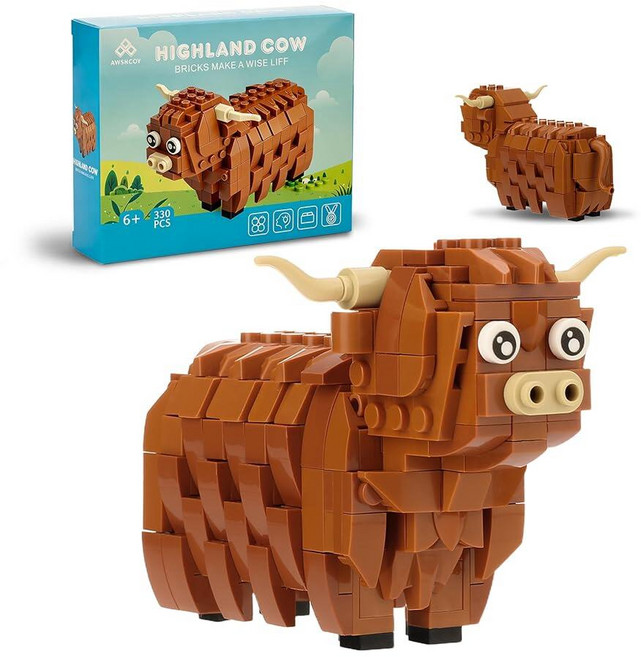 Awsaccy Highland 소 빌딩 블록 세트 330피스 귀여운 스코틀랜드 장난감 벽돌 키트 피규어 크리스마스 생일 선물 성인 및 어린이 남아 여아용 (만 6세 이상), Awsaccy Highland 소 빌딩 블록 세트, 3