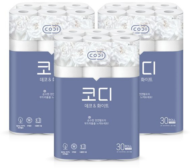 코디 [코디]코디 데코&화이트 화장지 30m*30롤 3팩(천연펄프. ) 프리미엄 두루마리 휴지
