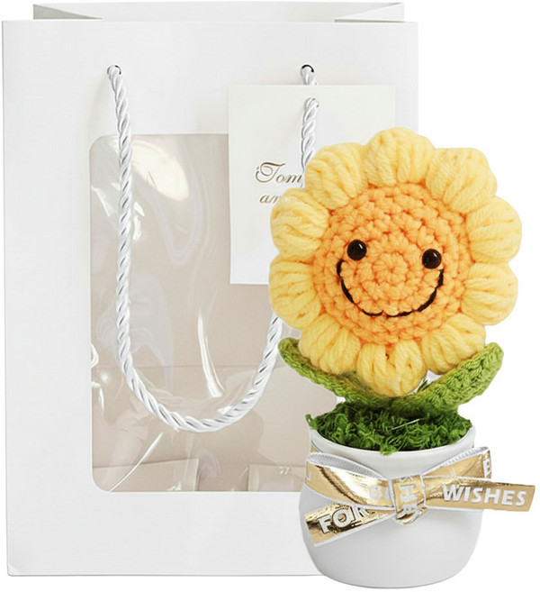 어텀로지 스마일 해바라기 꽃 미니 니트 플라워 조화 화분 개업 선물, 스마일해바라기(기프트팩), 1개