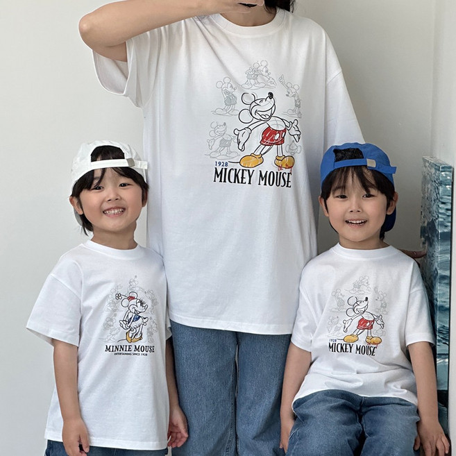 리틀래빗 여성용 통기성 패밀리 D 드로잉 미키미니 반팔 티셔츠